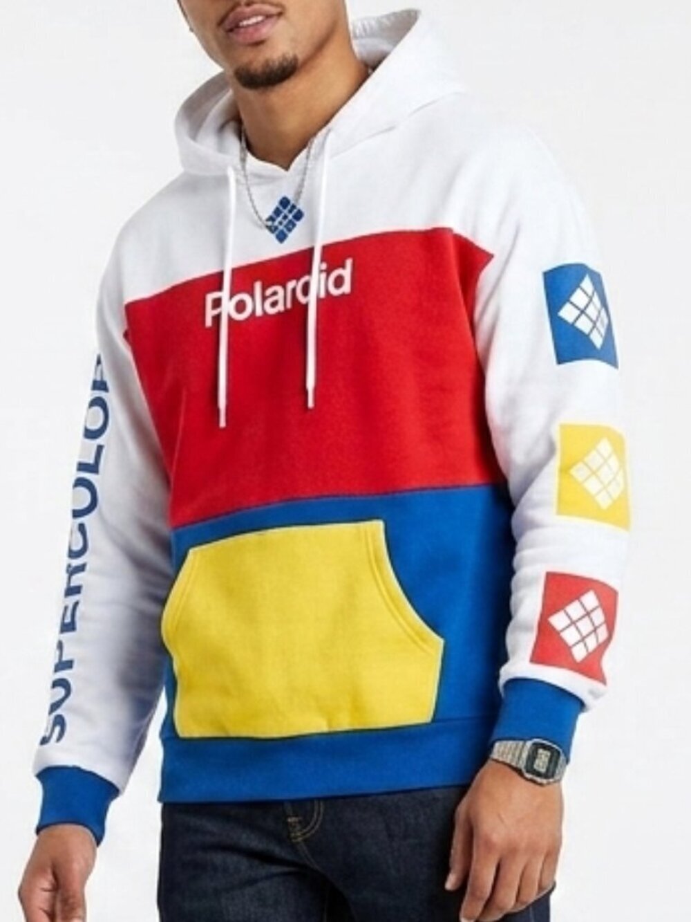 POLAROID Supercolor White Fleece Hoodie Sweatshirt Large Vintage Y2K